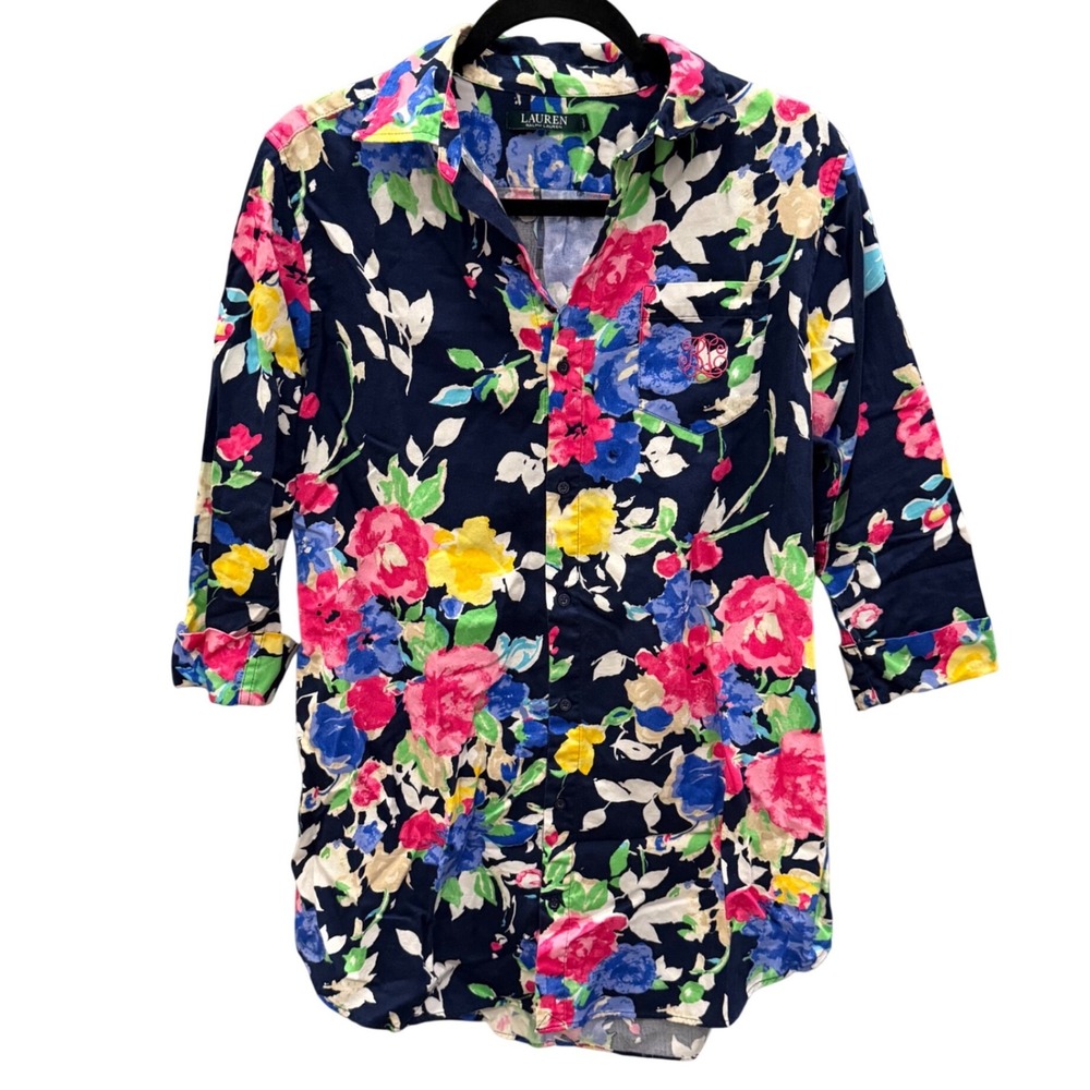 Lauren Ralph Lauren Button Down Shirt Dress Navy Floral Long Sleeve Preppy S